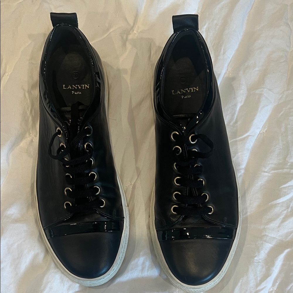 Lanvin Black Leather & Patent Trim Men’s Low-Top Sneakers